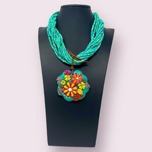 Turquoise Seed Bead Clay Floral Pendant Necklace